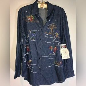 Bill Blass Womens Denim Jean Jacket Embroidered Winter Theme Size M Medium NWT